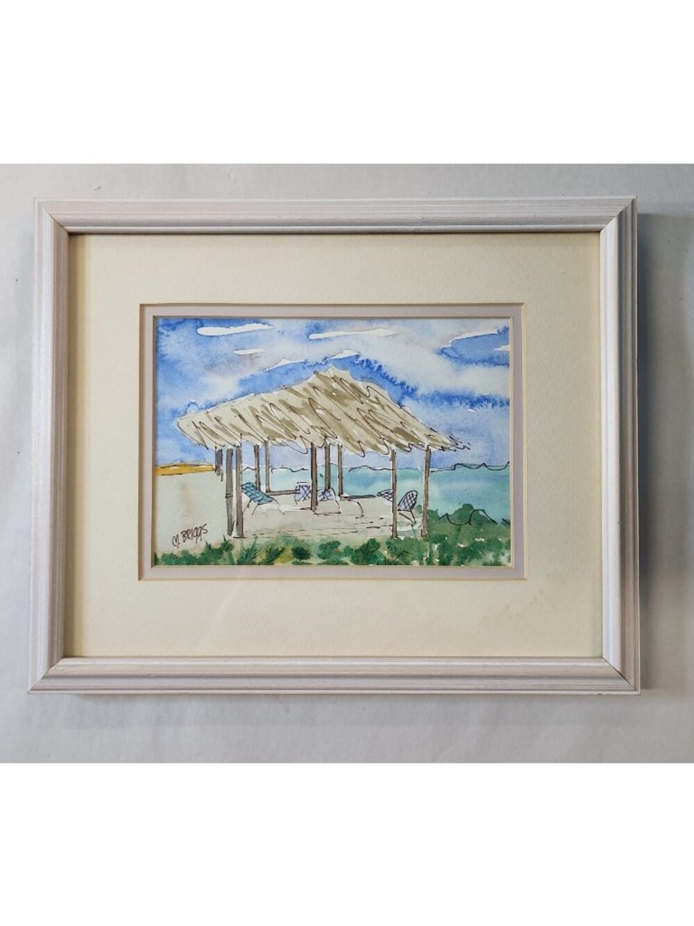 Watercolor Beach Tiki Hut Scene Painting Framed Ocean Hut by C Briggs Sea Tropic